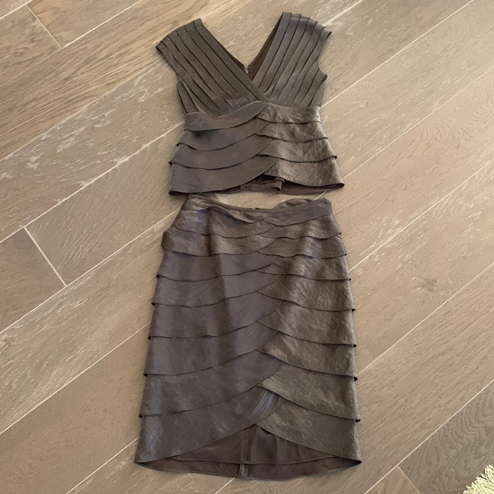 Two piece ruffled evening top and skirt set - organza like material
